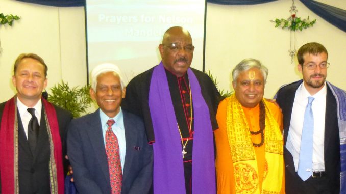 Just after the interfaith prayers for Mandela’s recovery, from left to right are: Trey Ligon, Muhammed A. Quddus, Luther J. DuPree Junior, Rajan Zed, and Daniel R. Sanchez.